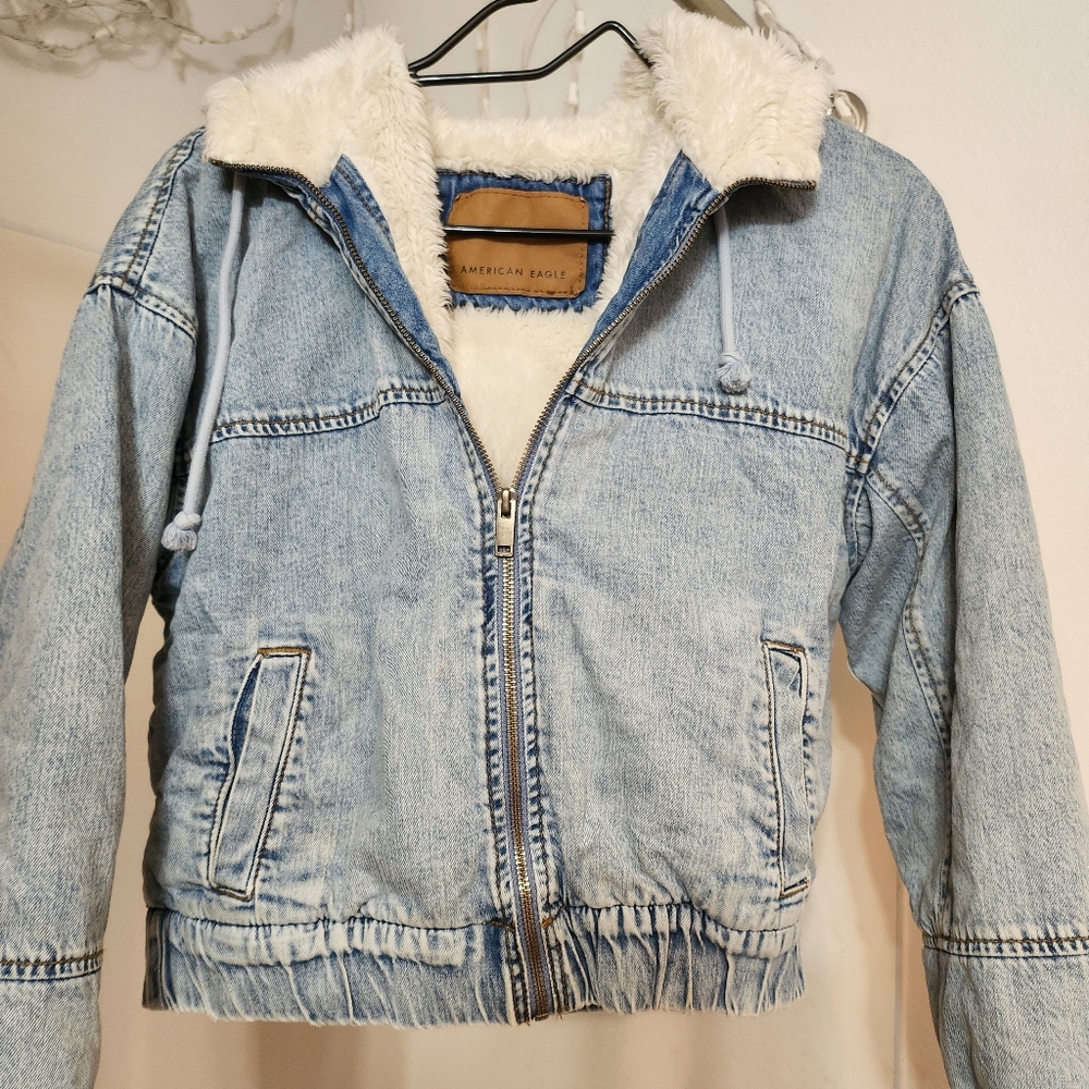 Sherpa-lined denim bomber jacket